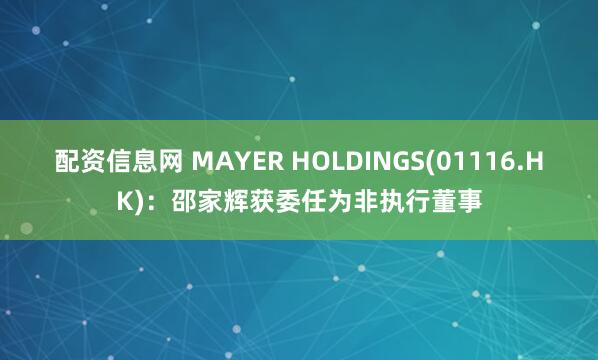 配资信息网 MAYER HOLDINGS(01116.HK)：邵家辉获委任为非执行董事